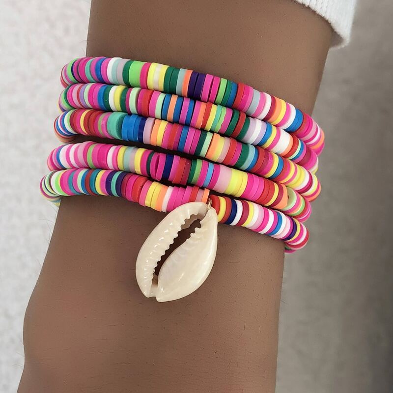 

5pcs Shell Charm Beaded Bracelet, Multicolor