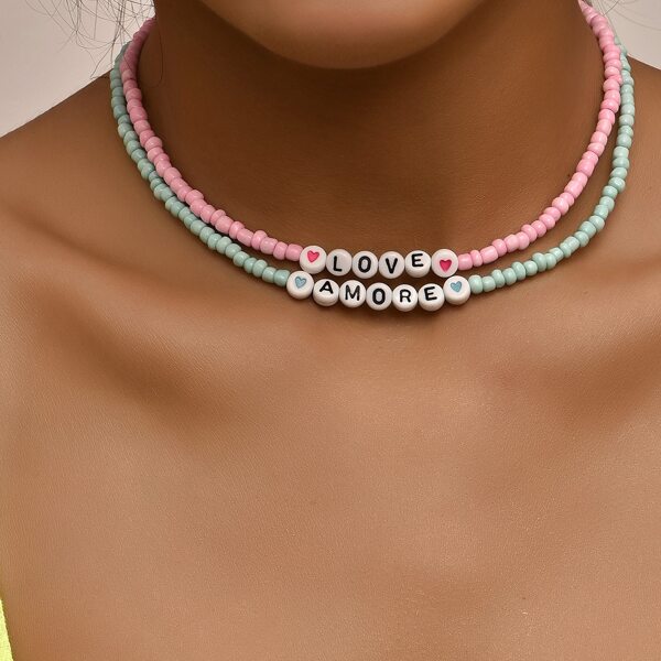 

2pcs Letter Beaded Necklace, Multicolor