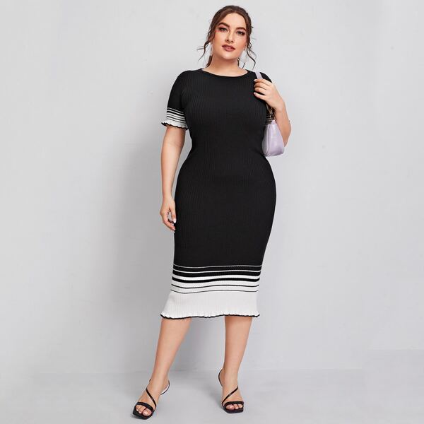 

Plus Frill Trim Rib-knit Striped Sweater Dress, Black