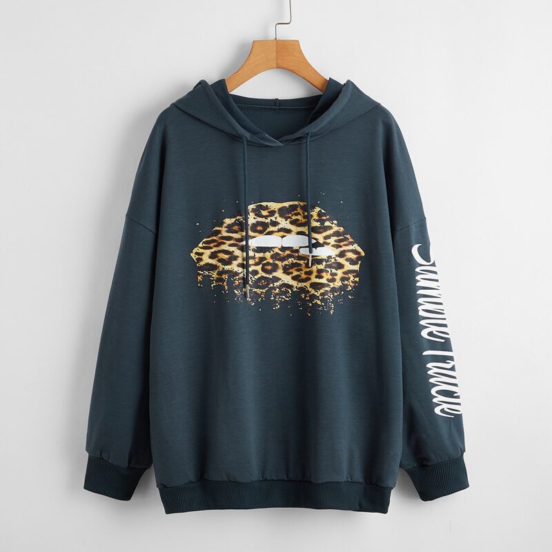 

Leopard Mouth Print Drawstring Hoodie, Navy blue