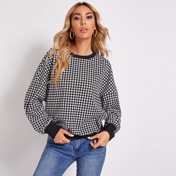 

Houndstooth Drop Shoulder Oversized Sweatshirt, Black and white