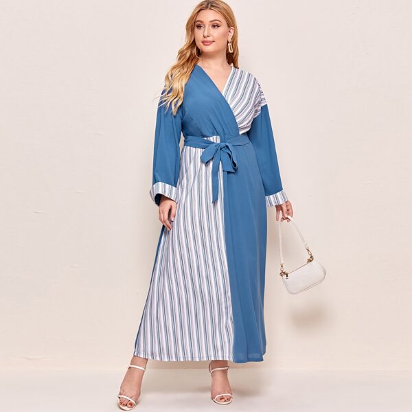 

Plus Surplice Front Contrast Striped Belted Dress, Multicolor