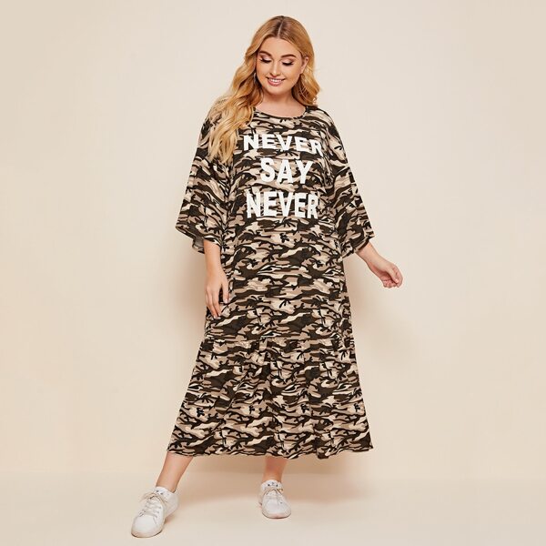 

Plus Drop Shoulder Slogan Graphic Camo Dress, Multicolor