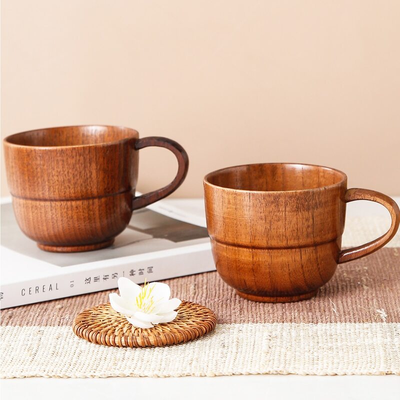 

1pc Wooden Tea Cup With Handle, Brown