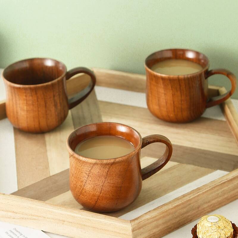 

1pc Wooden Tea Cup With Handle, Brown
