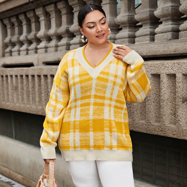 

Plus V-neck Plaid Drop Shoulder Sweater, Yellow