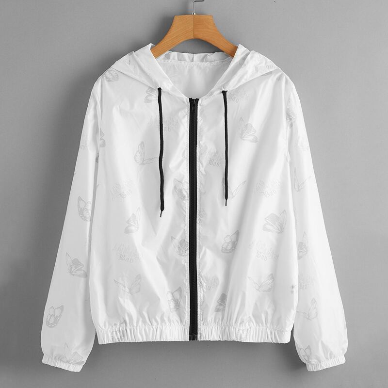 

Butterfly & Fire Print Drawstring Windbreaker Jacket, White