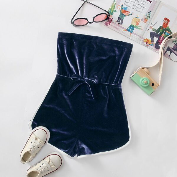 

Girls Contrast Binding Velvet Tube Romper, Navy blue