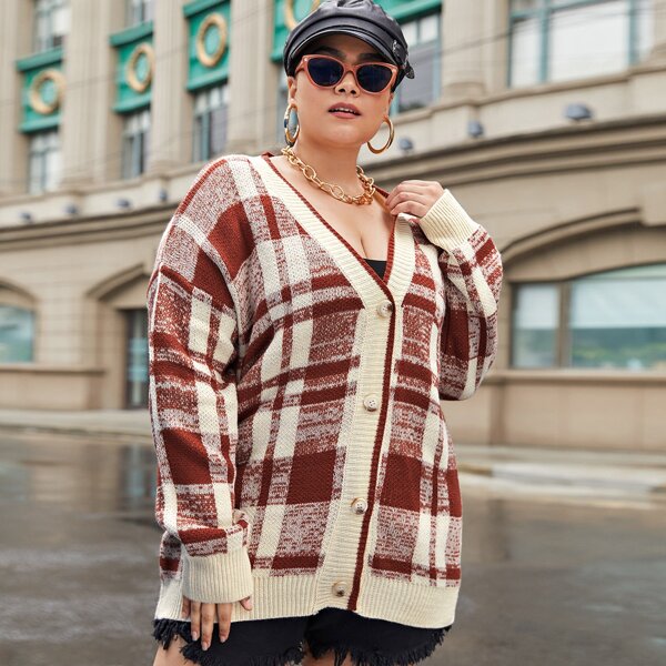 

Plus Plaid V-neck Button Front Cardigan, Multicolor