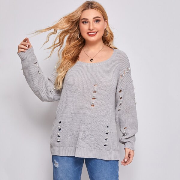 

Plus Pearls Beaded Ripped Sweater, Light grey
