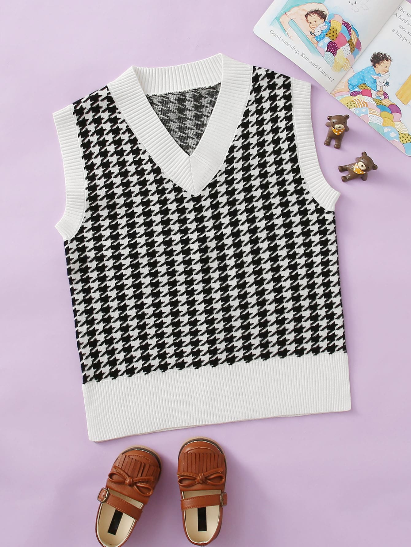SHEIN Girls Houndstooth Sleeveless Sweater Vest - Black and White - View 1