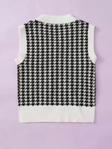 SHEIN Girls Houndstooth Sleeveless Sweater Vest - Black and White - View 2