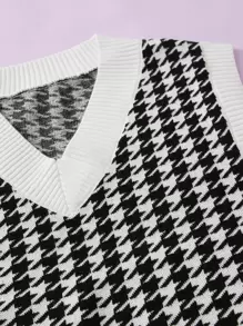 SHEIN Girls Houndstooth Sleeveless Sweater Vest - Black and White - View 4