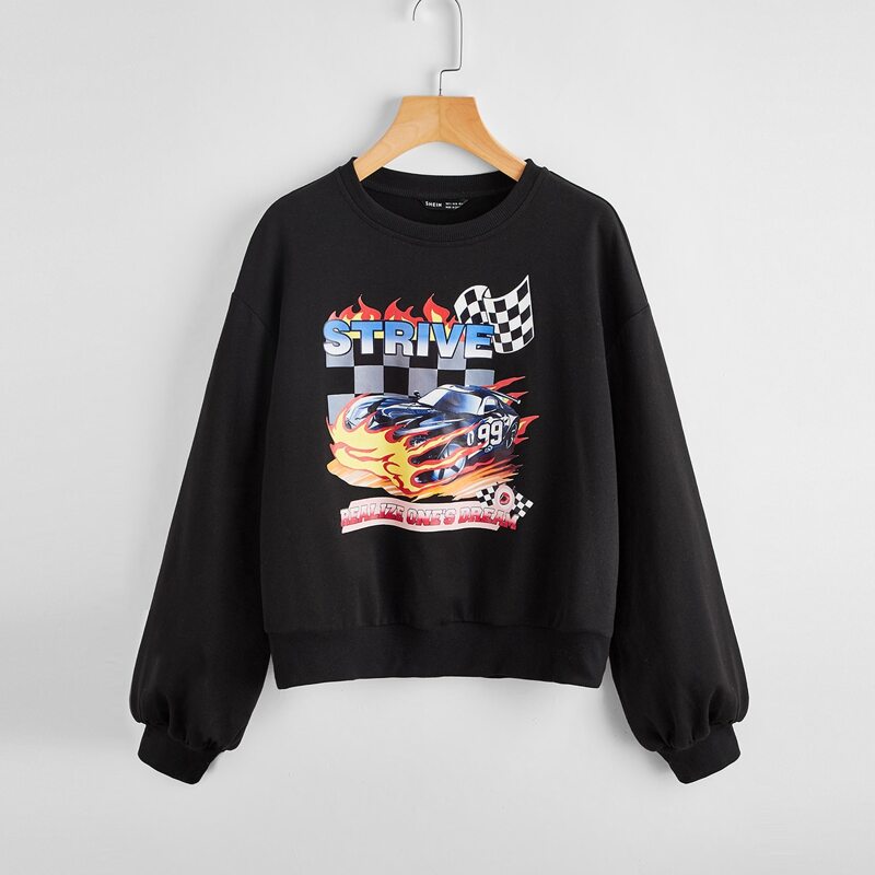 

Drop Shoulder Slogan Graphic Print Pullover, Black