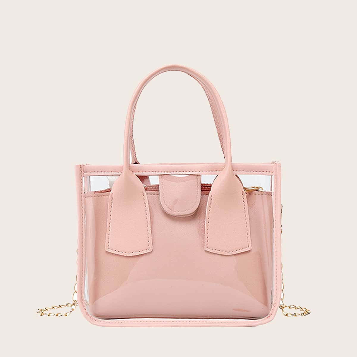 

Clear Chain Satchel Bag & Inner Pouch, Pastel baby pink