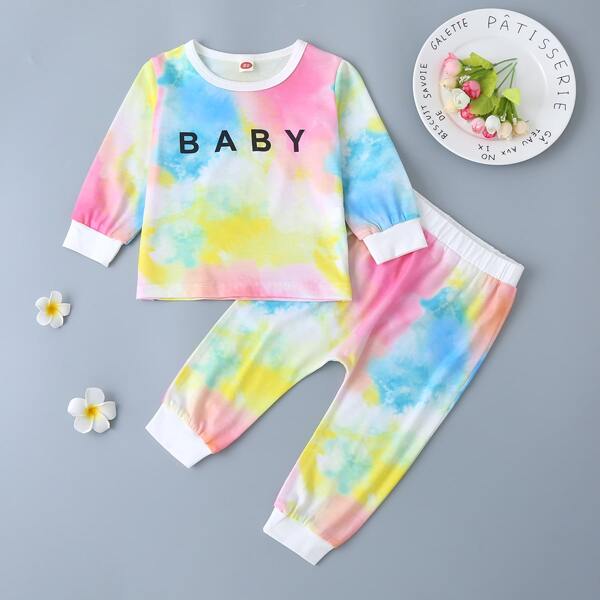 

Baby Girl Letter & Tie Dye Print Top With Pants, Multicolor