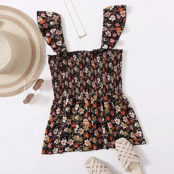 

Plus Floral Shirred Ruffle Hem Top, Multicolor