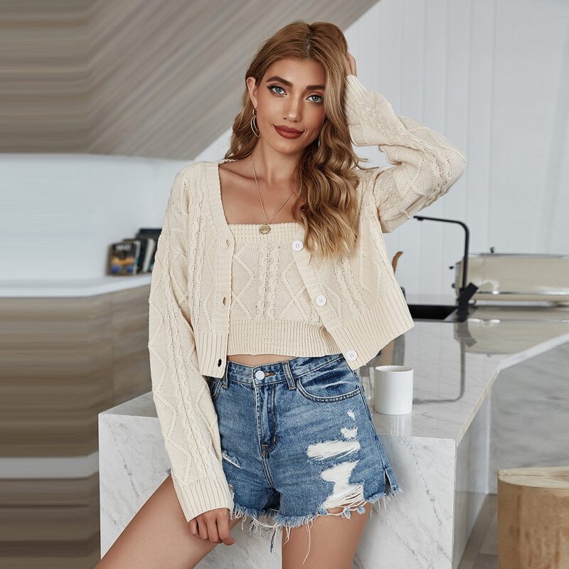 

Solid Cable Knit Crop Tube Knit Top & Cardigan, Apricot