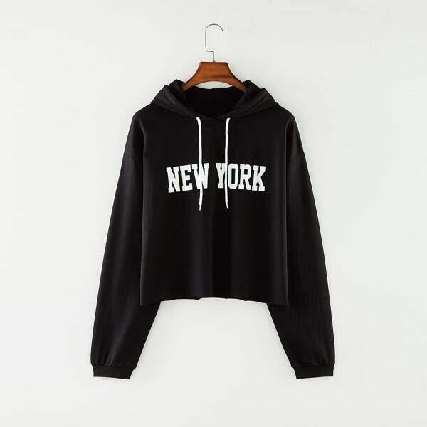 

Plus Letter Graphic Drawstring Hooded Sweatshirt, Black