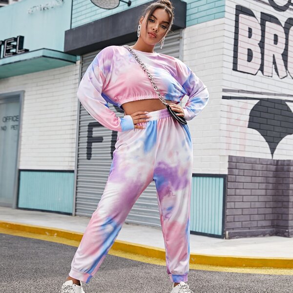 

Plus Tie Dye Crop Sweatshirt With Sweatpants, Multicolor