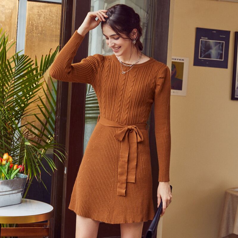 

Solid Belted Sweater Dress, Brown