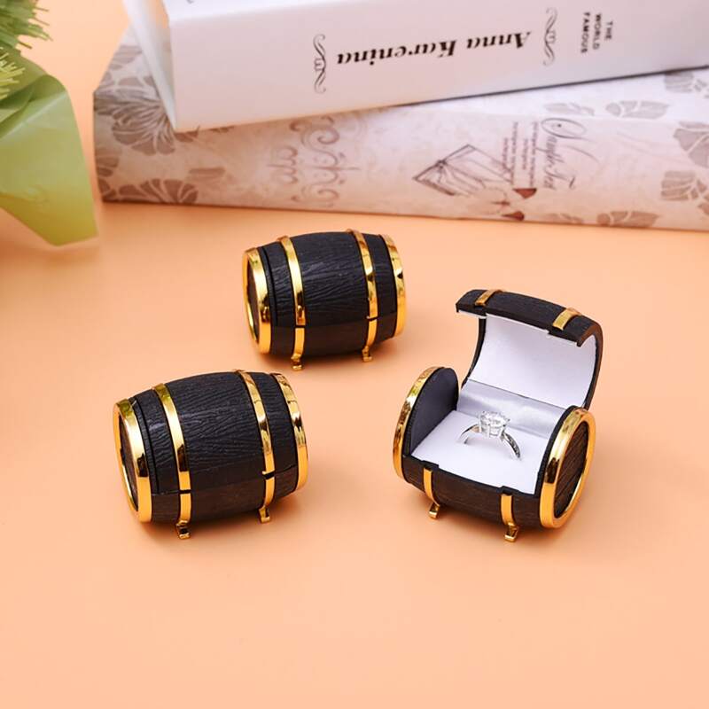 

1pc Wine Barrel Shaped Ring Storage Box, Black