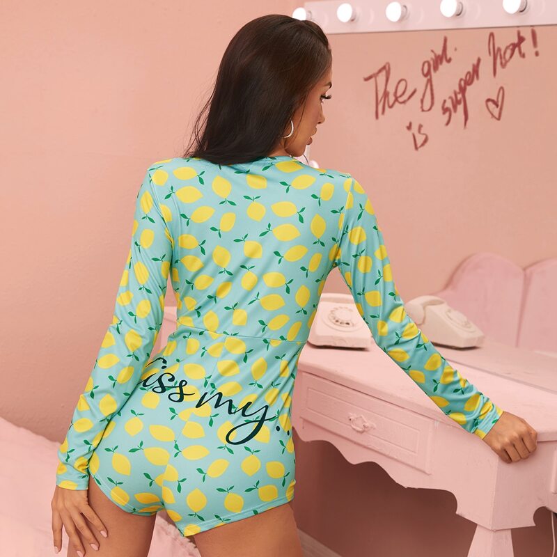 

Button Front Lemon Print Pajama Onesie, Multicolor