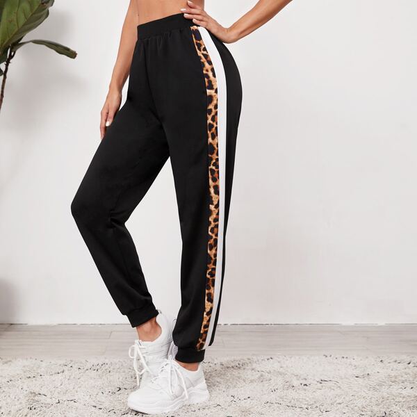 

Contrast Leopard Print Sports Pants, Black