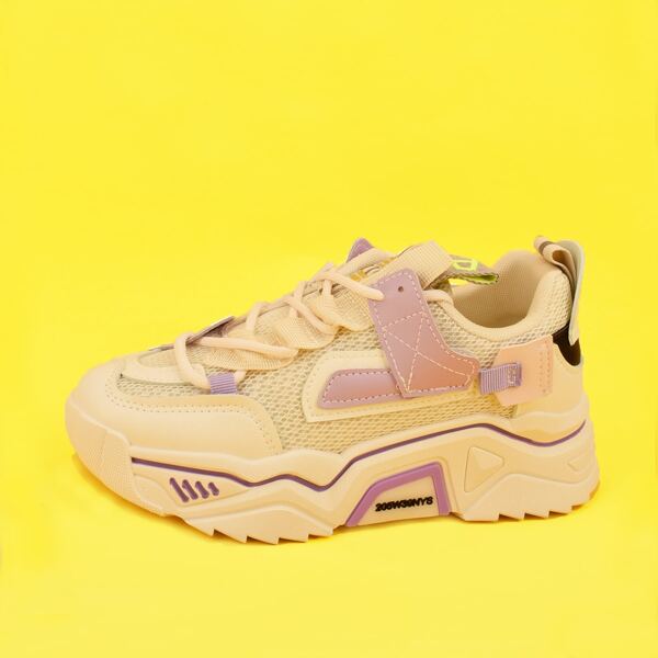 

Lace-up Front Mesh Panel Chunky Sneakers, Beige