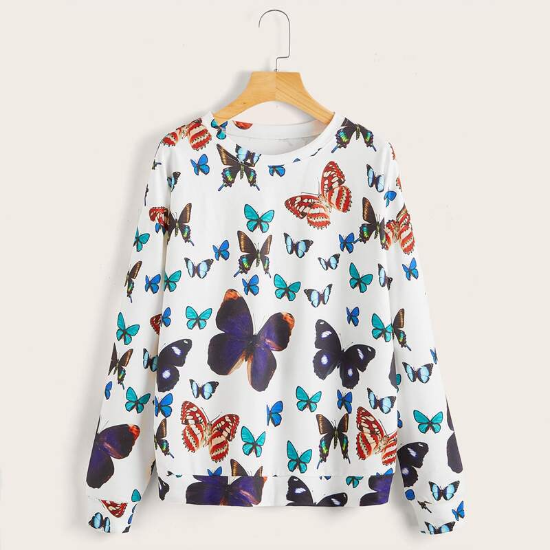 

Drop Shoulder Butterfly Print Sweatshirt, White