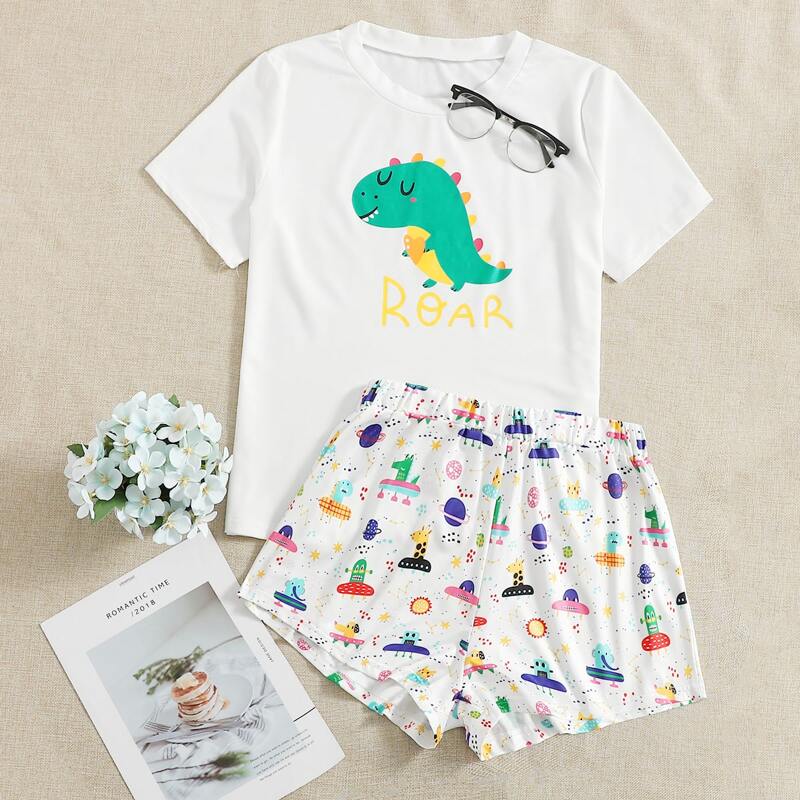 

Cartoon And Letter Graphic PJ Set, White