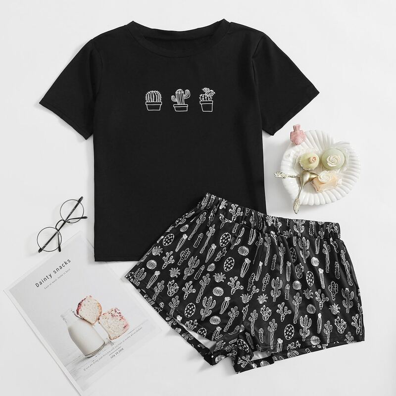 

Cactus Print Tee & Shorts PJ Set, Black
