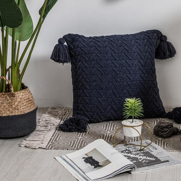 

Tassel Decor Cushion Cover Without Filler, Navy blue