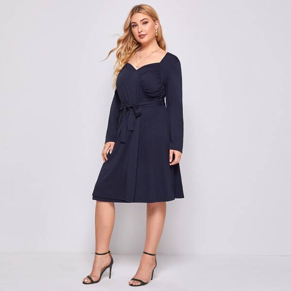 

Plus Sweetheart Neck Wrap Belted Dress, Navy blue