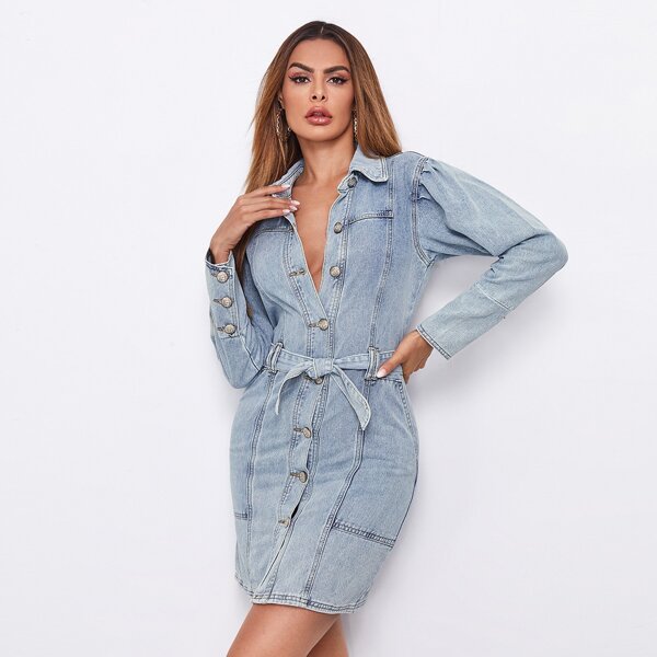 

Topstitching Button Front Denim Dress With Belt, Light wash