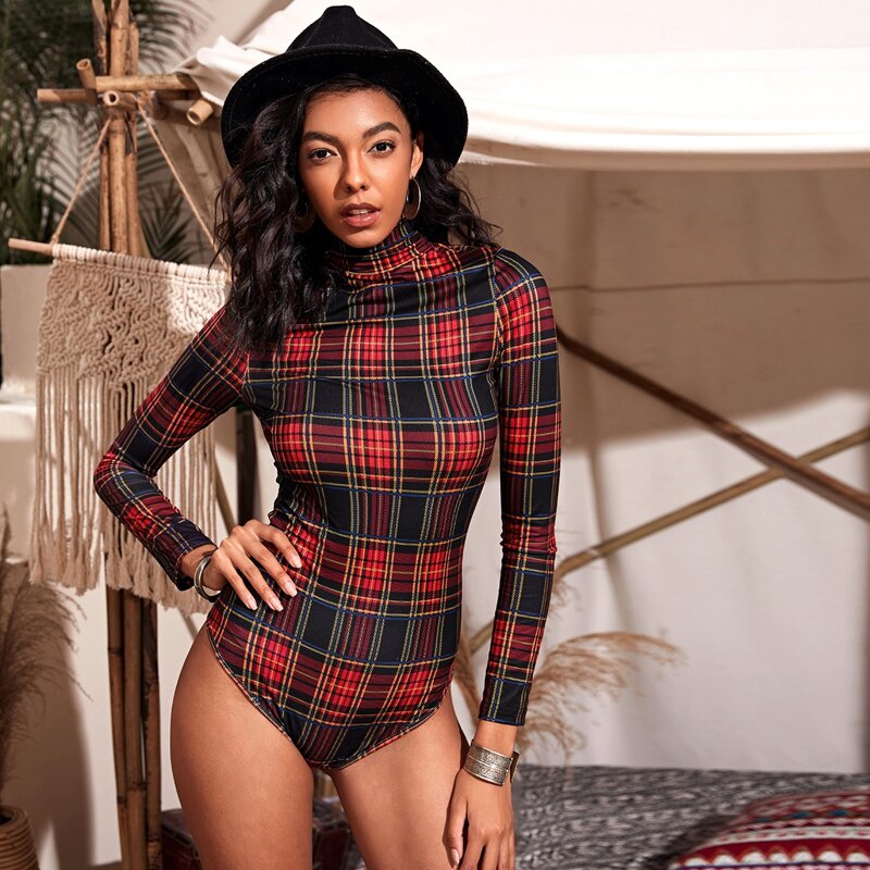 

High Neck Tartan Plaid Bodysuit, Multicolor