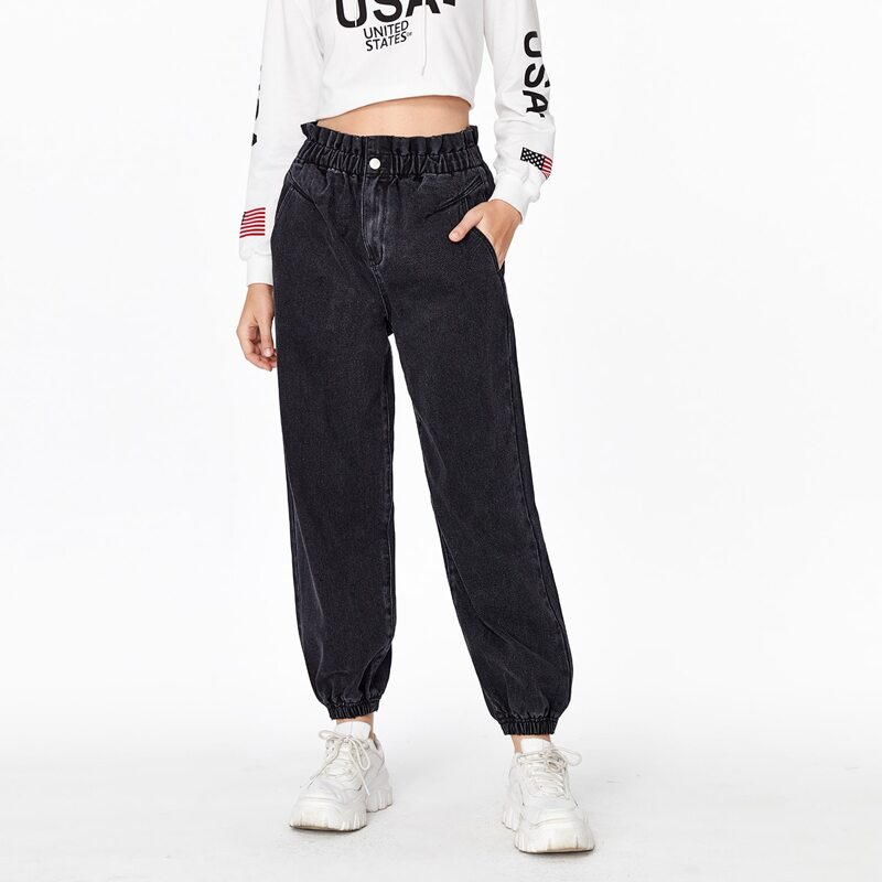 

High Waisted Paperbag Waist Tapered Jeans, Black