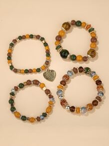 4pcs Heart Charm Crystal Beaded Bracelet Valentines - Multicolor - View 3