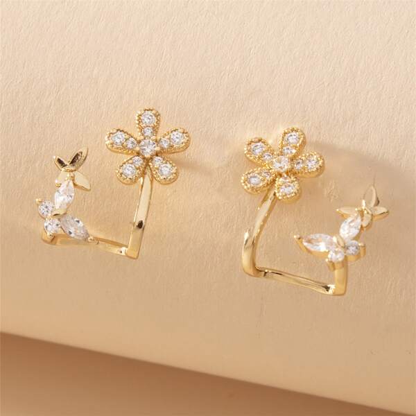 

Rhinestone Flower Design Stud Earrings, Gold
