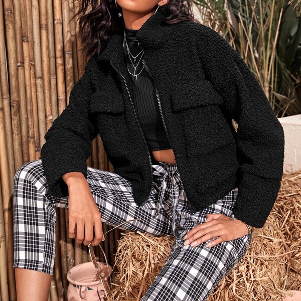 

Zip Up Drop Shoulder Teddy Jacket, Black
