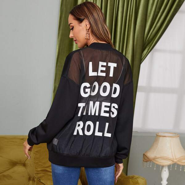 

Drop Shoulder Sheer Organza Slogan Graphic Bomber Jacket, Black