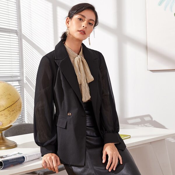 

Double Button Contrast Mesh Sleeve Blazer, Black