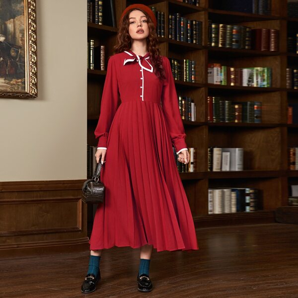 

Contrast Binding Tie Neck Lantern Sleeve Pleated Shirt Dress, Burgundy