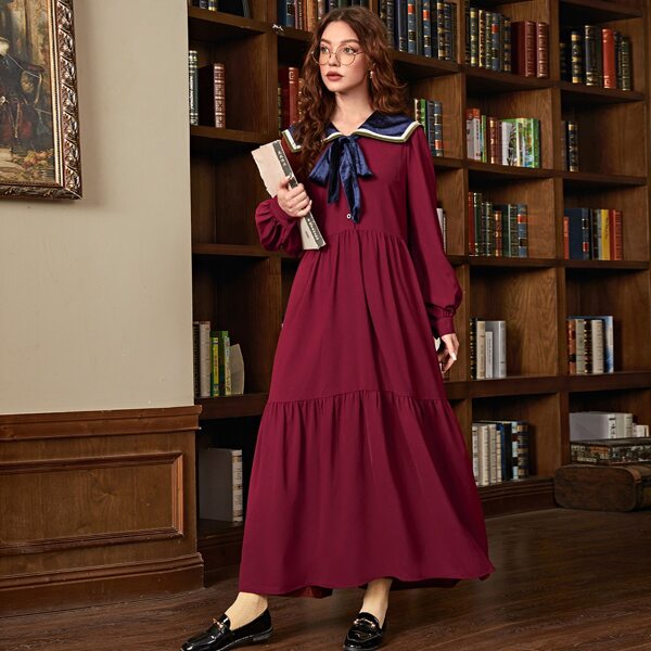 

Contrast Striped Trim Sailor Collar Tie Front Lantern Sleeve Dress, Maroon