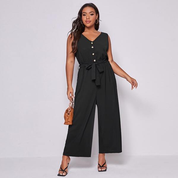 

Plus Button Front Belted Jumpsuit, Black