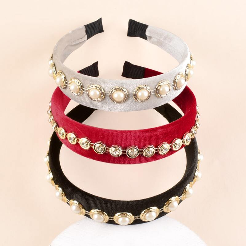 

3pcs Faux Pearl Decor Velvet Hair Hoop, Multicolor
