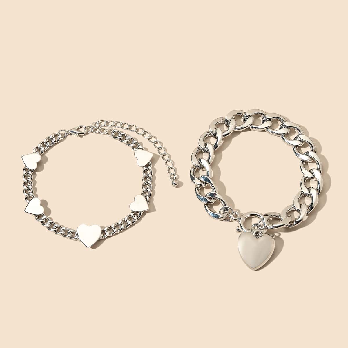 

2pcs Heart Charm Bracelet, Silver