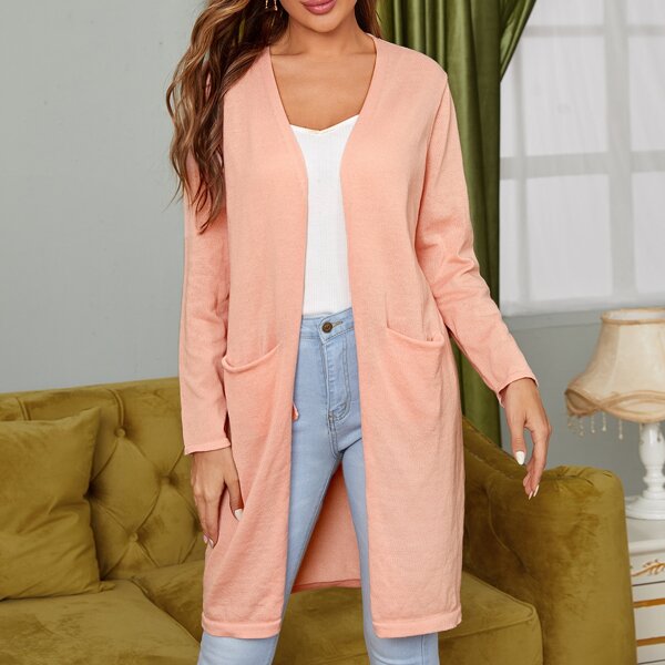 

Pocket Front Open Placket Cardigan, Coral pink