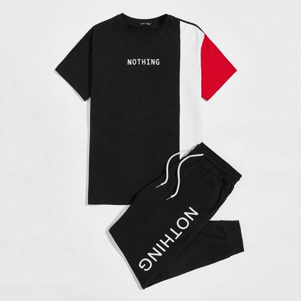 

Men Letter Graphic Colorblock Top & Drawstring Waist Joggers Set, Black