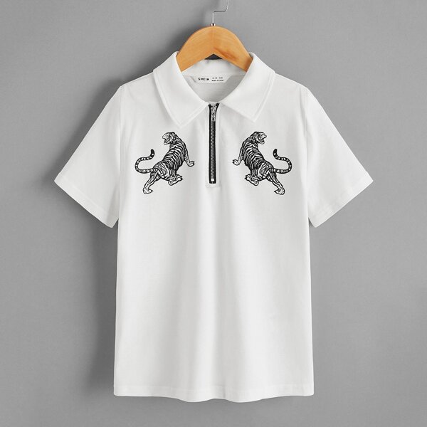 

Boys Tiger Print Half Zipper Placket Polo Shirt, White